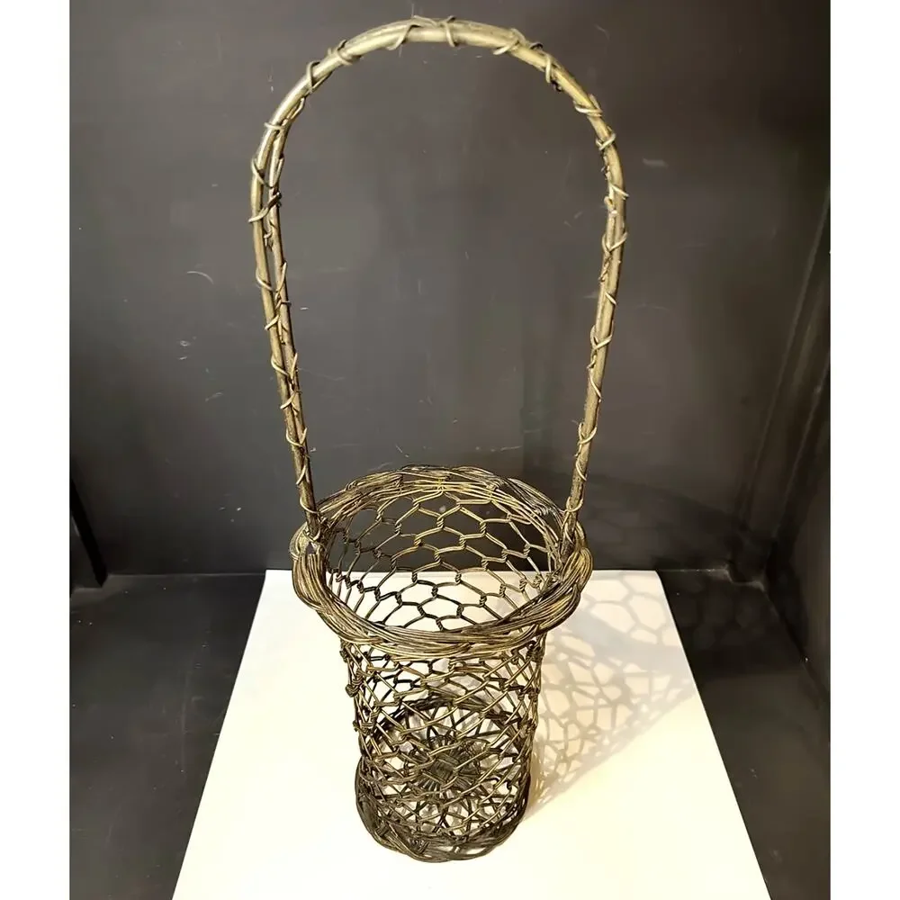 1840.  Tall Wire Woven Handled Basket French Country Farmhouse Decor